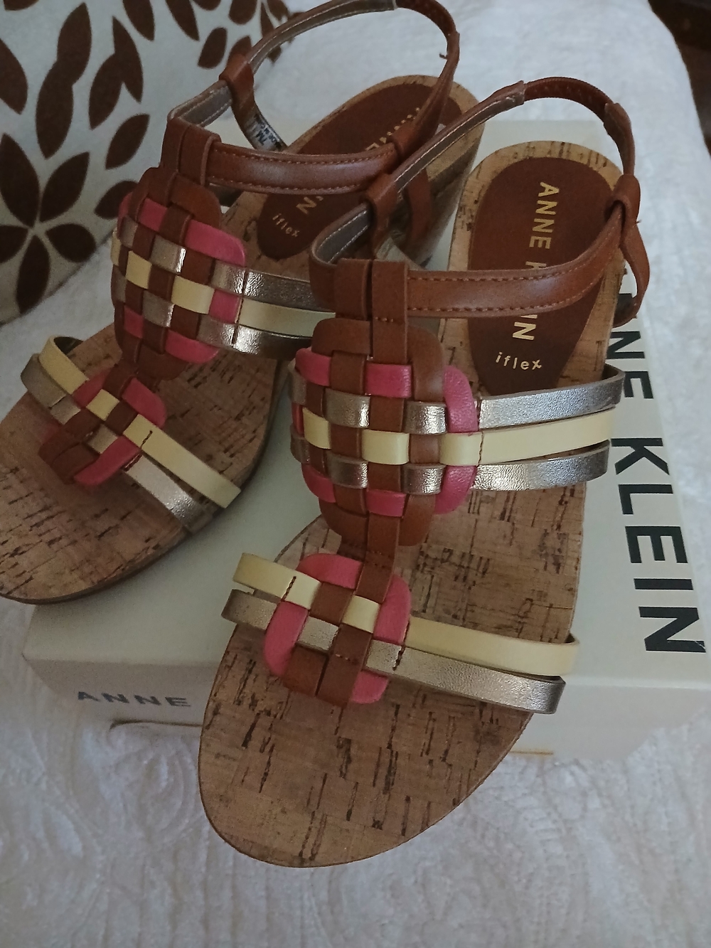 Anne Klein Brown Pink Gold Leather Woven Wedge Sandals